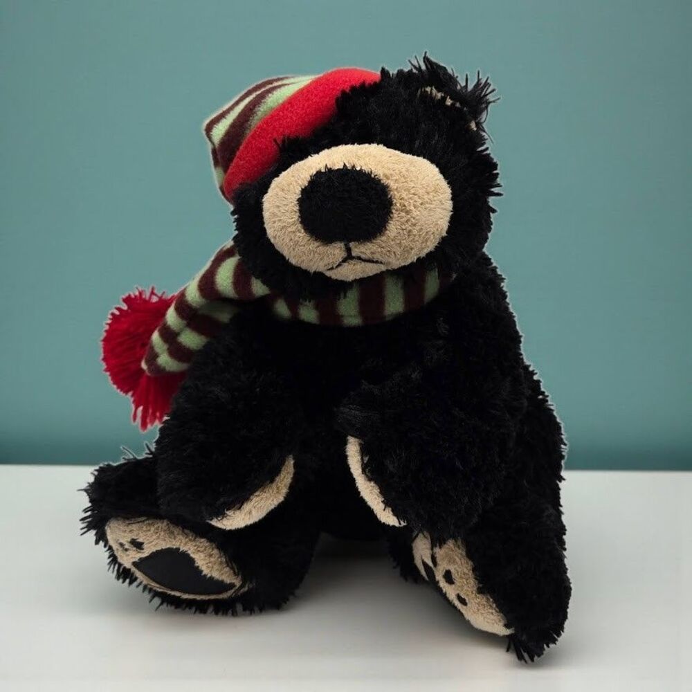Holiday Cuddly Black Bear Cub Winter Scarf Vintage Soft Plush Stuffed Animal Toy